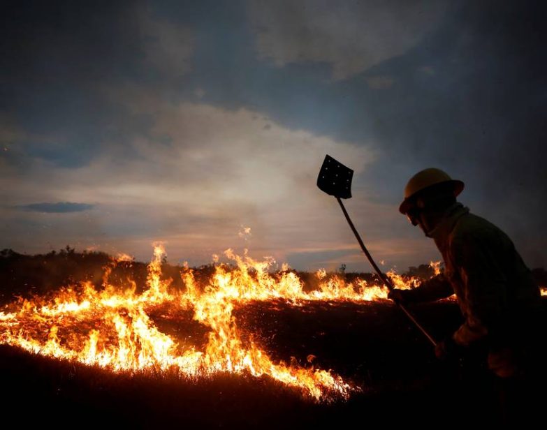 Agente da brigada anti-incêndio do Ibama tenta conter chamas na terra indígena Tenharim Marmelos, no Amazonas Foto: BRUNO KELLY / REUTERS