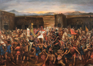 Pintura a óleo da captura do imperador inca Atahualpa e da conquista espanhola do Império Inca em 1532, pelo pintor peruano Juan Lepiani, por volta de 1920–27. (Museu de Arte de Lima via Wikimedia Commons)