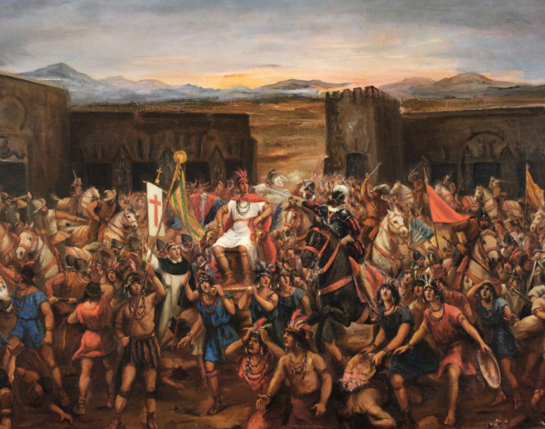 Pintura a óleo da captura do imperador inca Atahualpa e da conquista espanhola do Império Inca em 1532, pelo pintor peruano Juan Lepiani, por volta de 1920–27. (Museu de Arte de Lima via Wikimedia Commons)